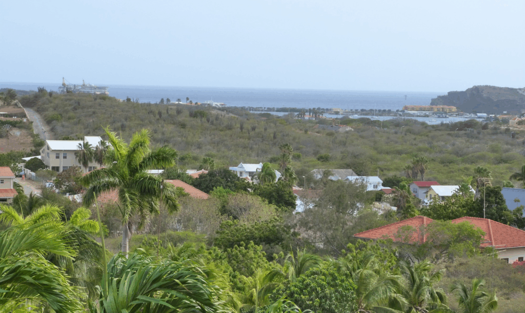 Uitzicht vanaf Villa Topzicht Curaçao richting Caracasbaai met tropische begroeiing en zeezicht